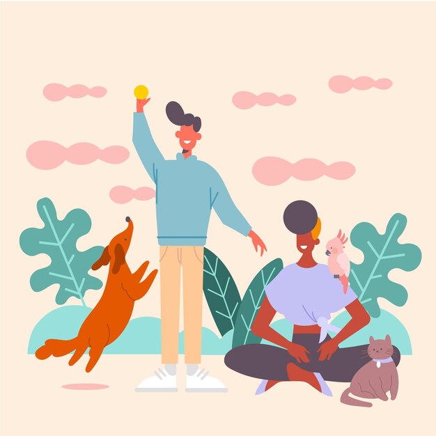 People playing with their pets illustration with dog and cat