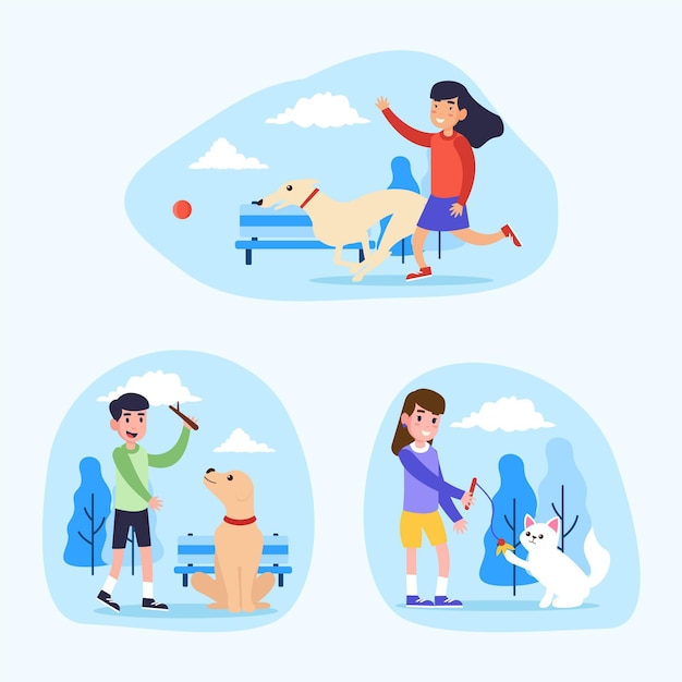 Free Vector people playing with their pets illustrations