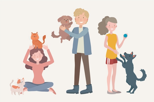 Free Vector people playing with their pets