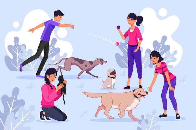 Free Vector people playing with their pets