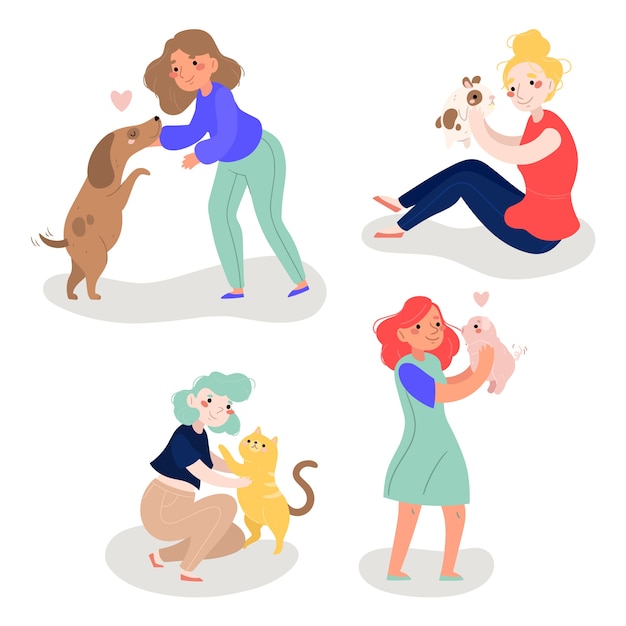 Free Vector people playing with their pets