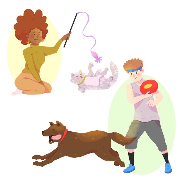 Free Vector people playing with their pets