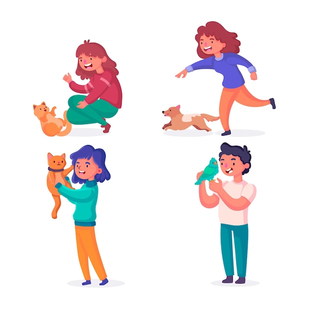 Free Vector people playing with their pets