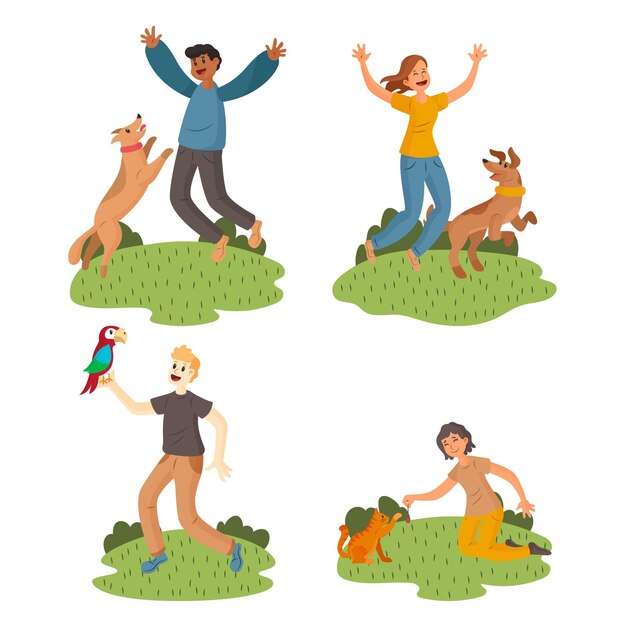 Free Vector people playing with their pets