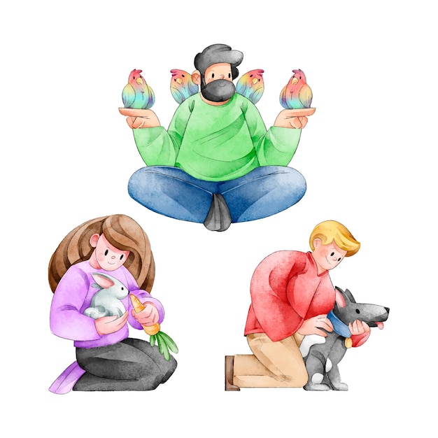 Free Vector people playing with their pets