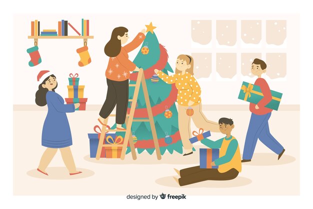 People preparing christmas tree cartoon