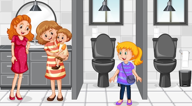 Free Vector people in public toilet with cubicles scene