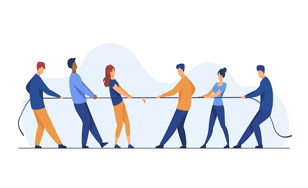 People pulling opposite ends of rope flat illustration