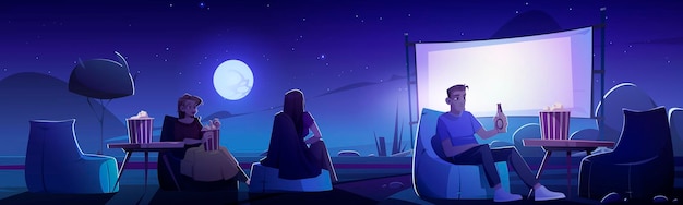 People relax in outdoor cinema at night summer landscape. Men and women in open air movie theater sit on beanbag chairs with beer and pop corn watching movie on huge screen Cartoon vector illustration