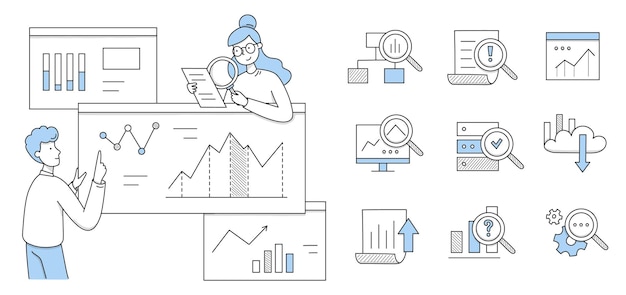 People research analytics on dashboard with graphs and charts. Vector doodle icons of statistic analysis, work with database and information report with diagrams and magnifying glass