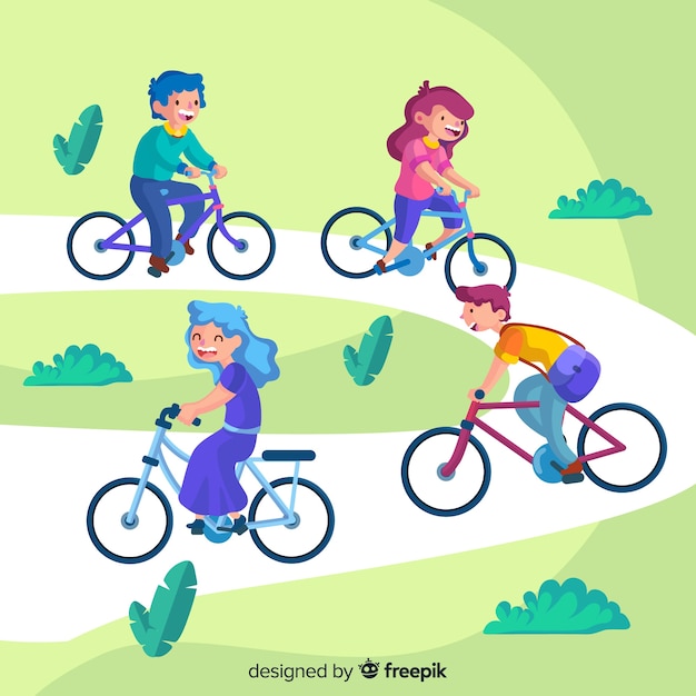 Free Vector people riding bicycles in the park