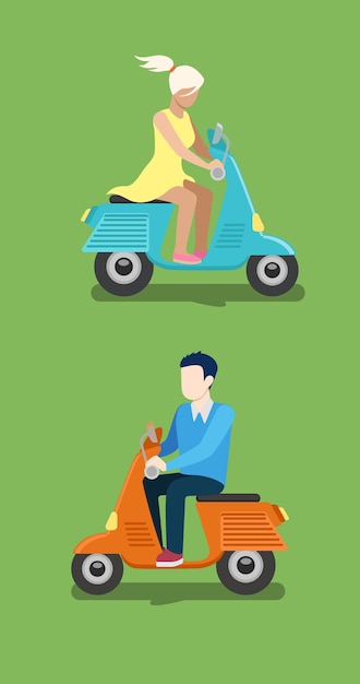 People riding moped  creative flat design illustration set. Young man in casual and woman in dress drive blue orange scooter side view on green background.