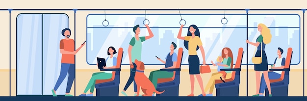 People riding subway train. Commuters sitting and standing in carriage. Vector illustration for metro passengers, commuting, public transport concept