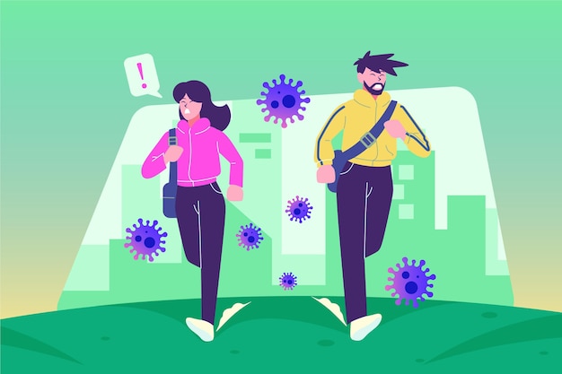 People running away from particles of coronavirus