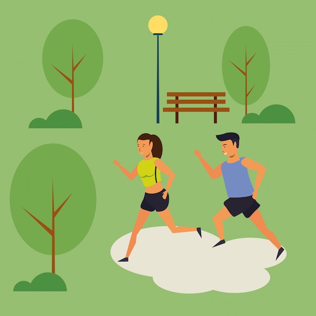 People running in the park scenery cartoon