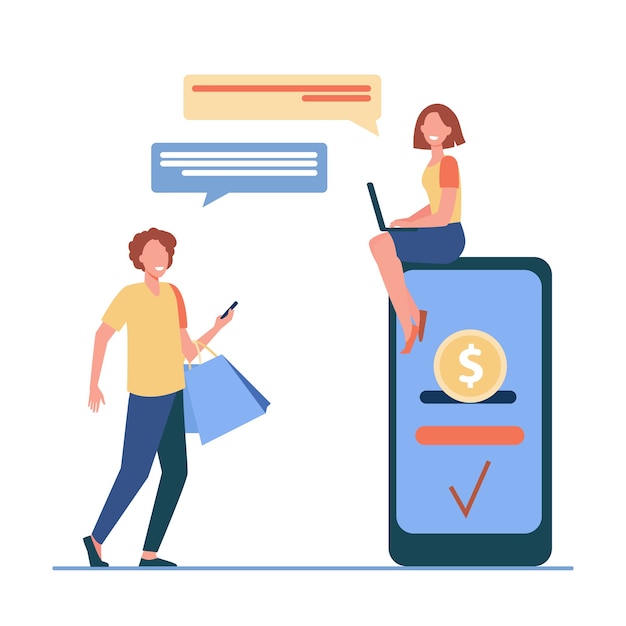 Free Vector people sending and receiving money online. man and woman using gadgets for transactions flat vector illustration. payment system, mobile banking