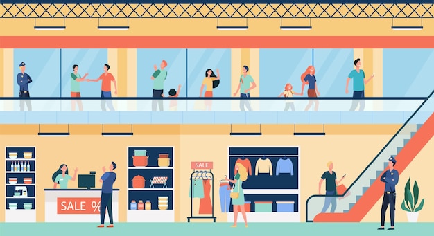 People shopping in city mall flat illustration. Cartoon buyers walking inside commercial building or store