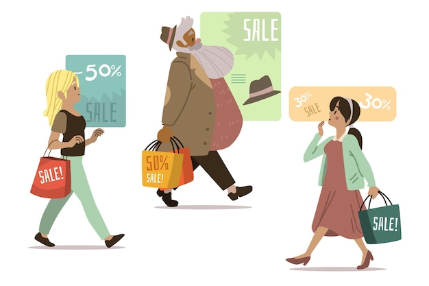 Free Vector people shopping flat-hand drawn style