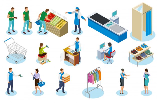 People during shopping isometric with trade equipment