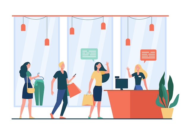 People shopping in store and waiting in line or queue flat vector illustration. Cartoon seller standing and greeting customers. Sale, discount and special offer concept