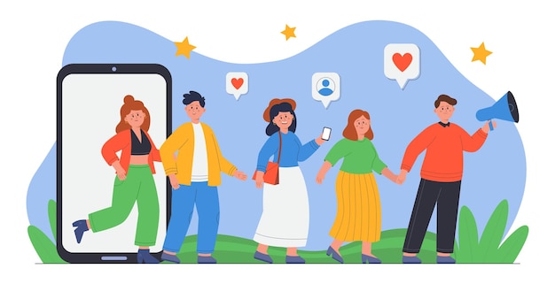 People showing up from phone screen flat vector illustration. Men and women holding hands, standing in line, inviting friends to join online service and earning money. Referral system, loyalty concept