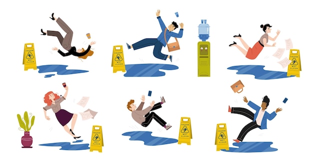 Free vector people slip and fall down on wet floor