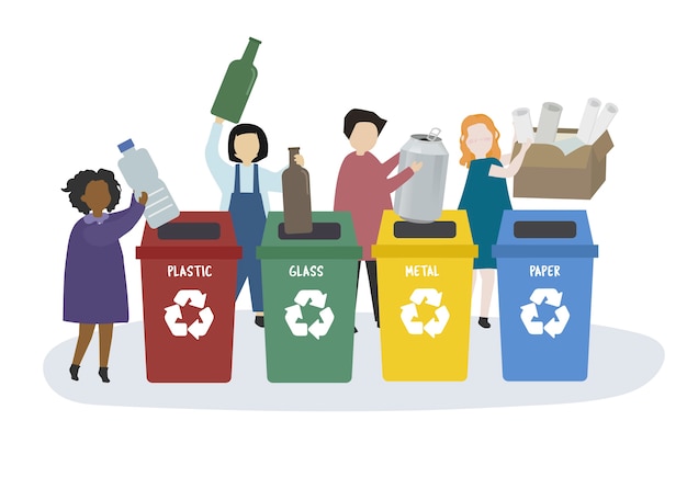 Free Vector people sorting garbage into recycle bins