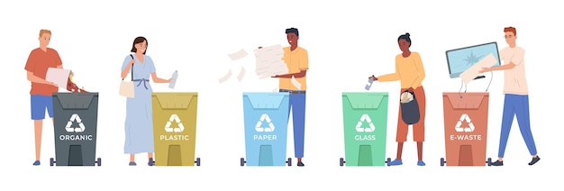 Free Vector people sorting waste into different recycling containers flat vector illustration