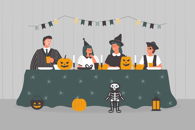 Free Vector people at spooky halloween dinner