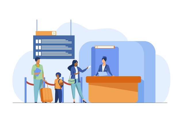 Free vector people standing at flight registration counter. family, baggage, ticket flat vector illustration. travelling and vacation