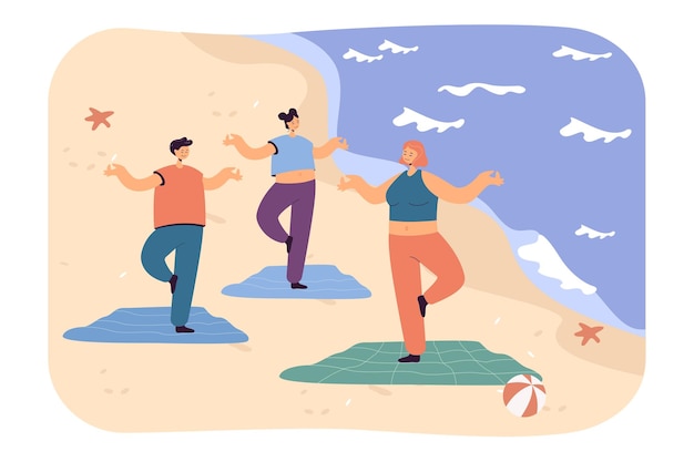 Free Vector people standing in tree position on sandy beach. man and women doing yoga on mats outdoor near ocean flat vector illustration. sport, health concept for banner, website design or landing web page