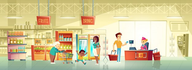 People in supermarket interior cartoon vector