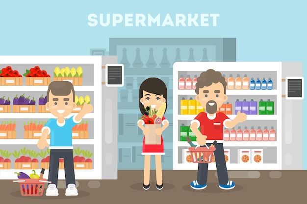 Free Vector people at the supermarket men and woman buying food