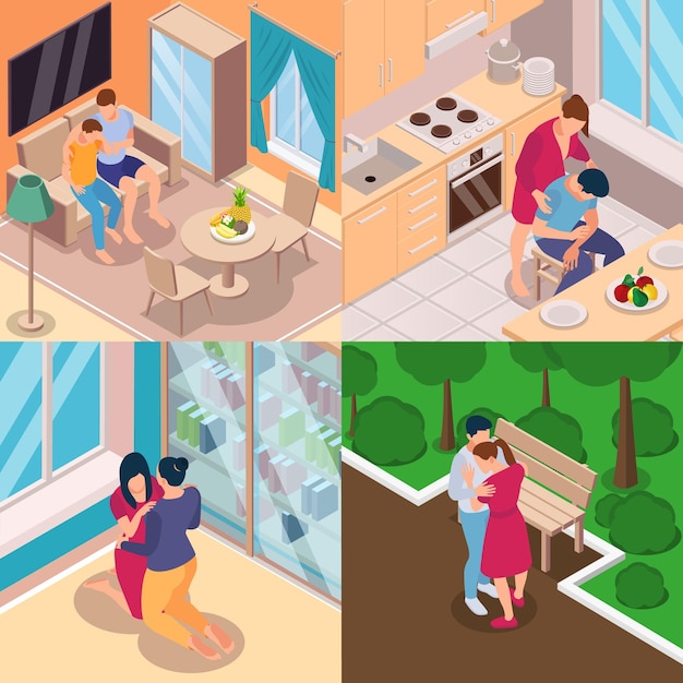 Free Vector people support isometric set with four square compositions of indoor and outdoor scenes with human characters vector illustration