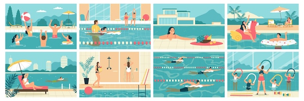 Free Vector people swimming training relaxing in pool flat set isolated vector illustration