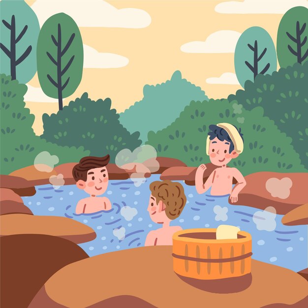 People taking a bath in onsen outdoors