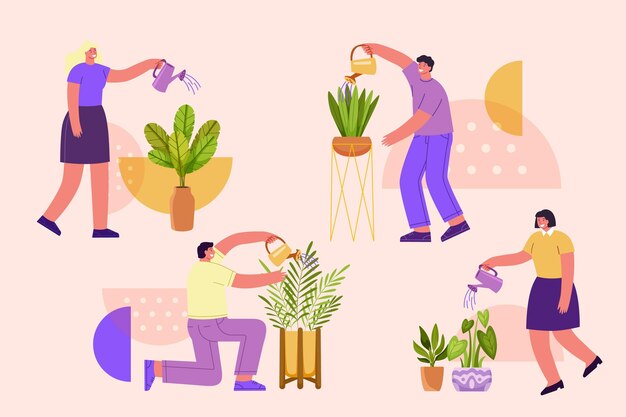 People taking care of plants flat illustration