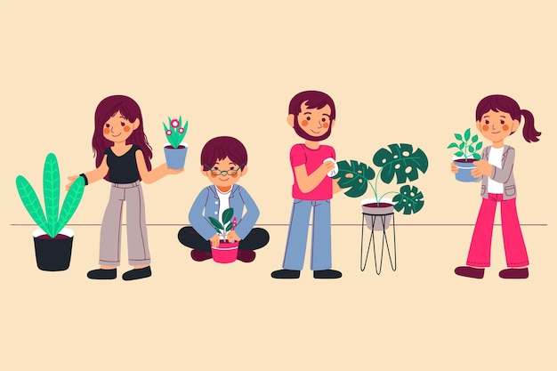 Free Vector people taking care of plants together