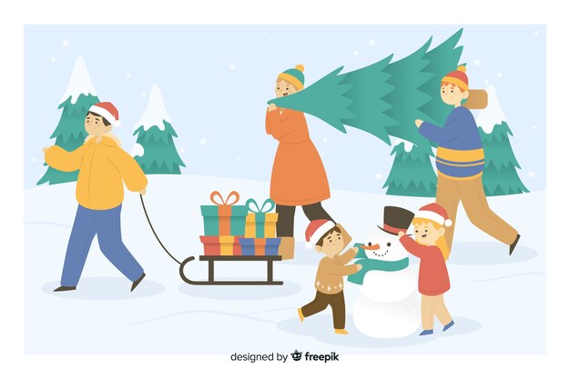 People taking christmas tree and gifts cartoon