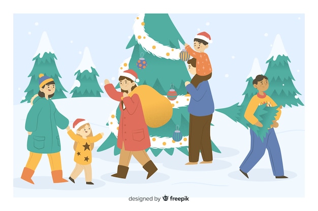 People taking gifts and christmas tree cartoon