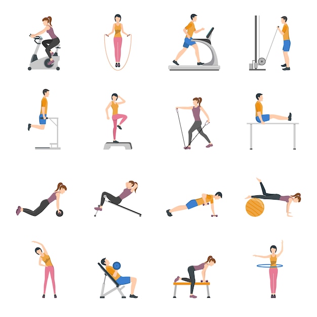 Free vector people training at gym icons set