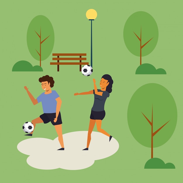 Free Vector people training soccer at park cartoon