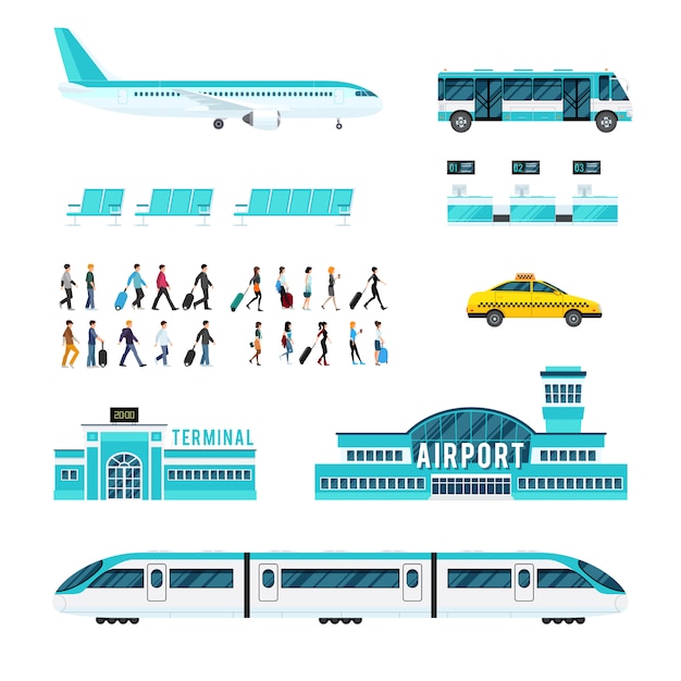 People Transport And Airport Icons Set