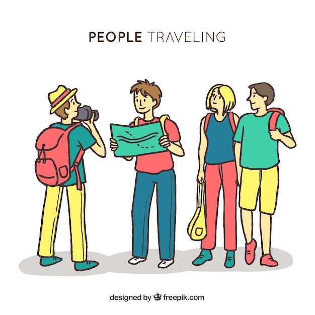 People traveling in hand drawn style