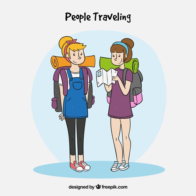 People traveling in hand drawn style