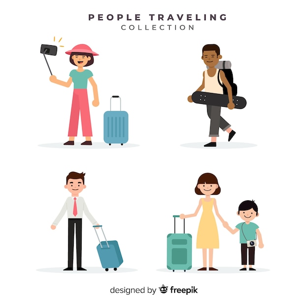 Free Vector people traveling with suitcase collection