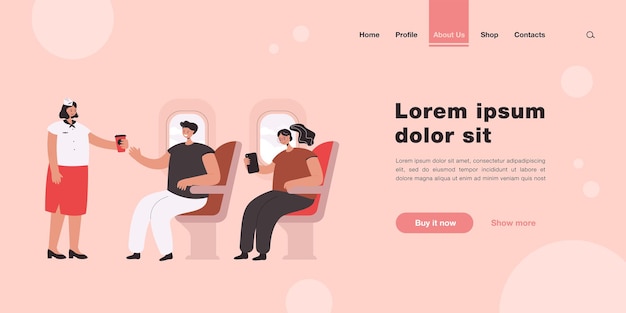 People travelling by airplane landing page in flat style