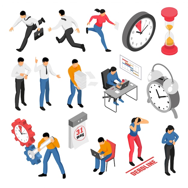 People trying to finish tasks before deadline isometric icons set isolated on white 3d 