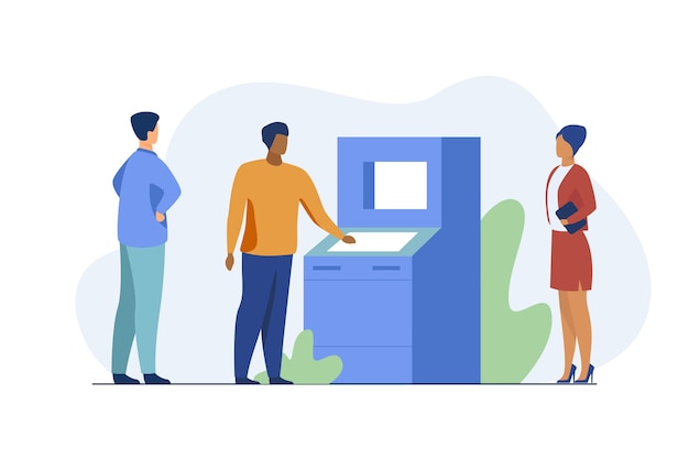 People using ATM. Bank customers waiting in queue, social distance flat vector illustration. Banking, transaction, cash withdrawal