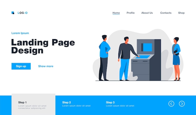 Free Vector people using atm landing page in flat style